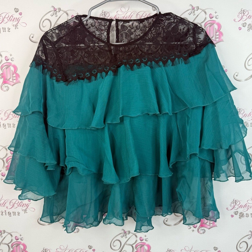 Max long sleeve tiered ruffles frills lace Teal and Black Lace Ruffle Top